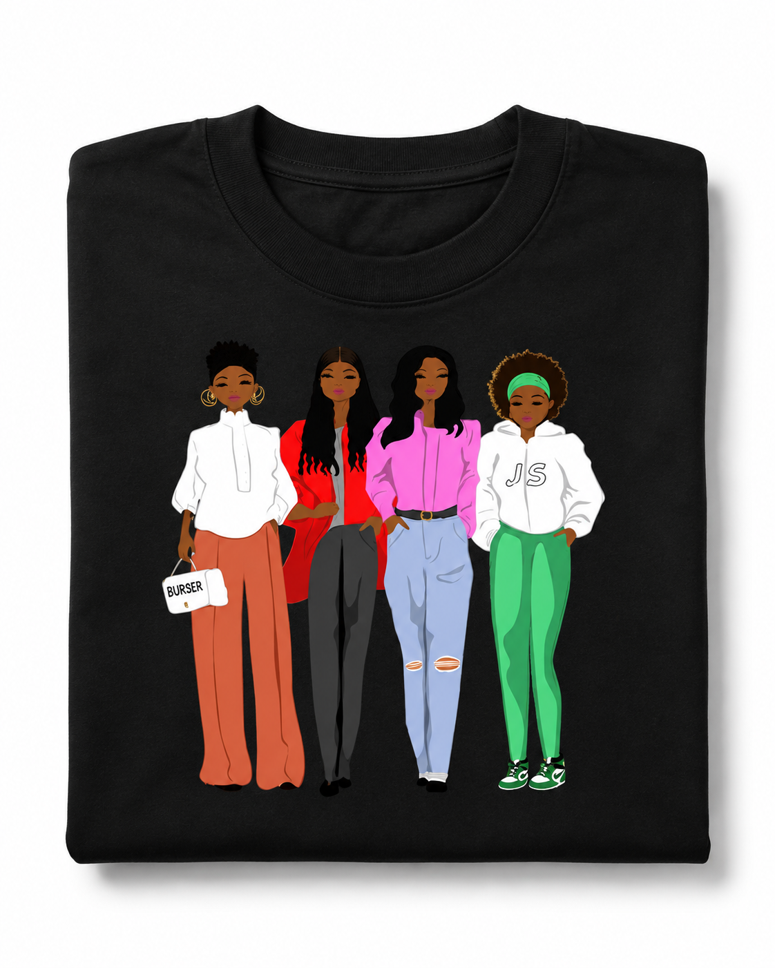 Fashion Signature black short sleeve T-shirt with illustrated women graphic