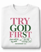 Try God First Deuteronomy 31:6 pink and green crewneck, folded