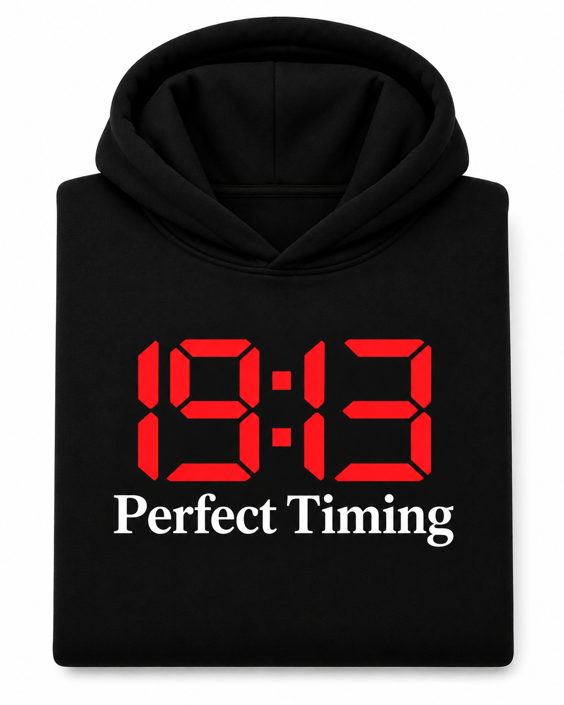 Black 19:13 Perfect Timing hoodie with red and white graphic