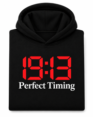 Black 19:13 Perfect Timing hoodie with red and white graphic