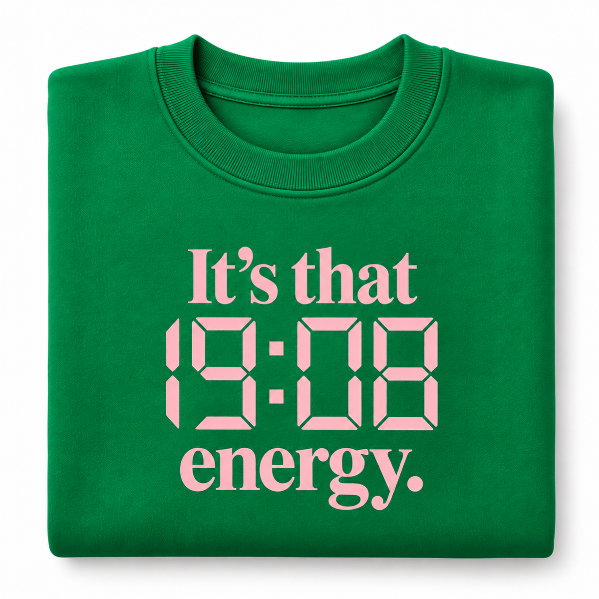 Kelly green 19:08 Energy crewneck sweatshirt with pink lettering, folded on white
