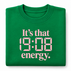 Kelly green 19:08 Energy crewneck sweatshirt with pink lettering, folded on white