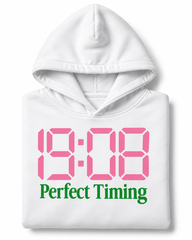 White 19:08 Perfect Timing hoodie folded