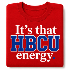Folded red crewneck with It's that HBCU energy in blue and white lettering