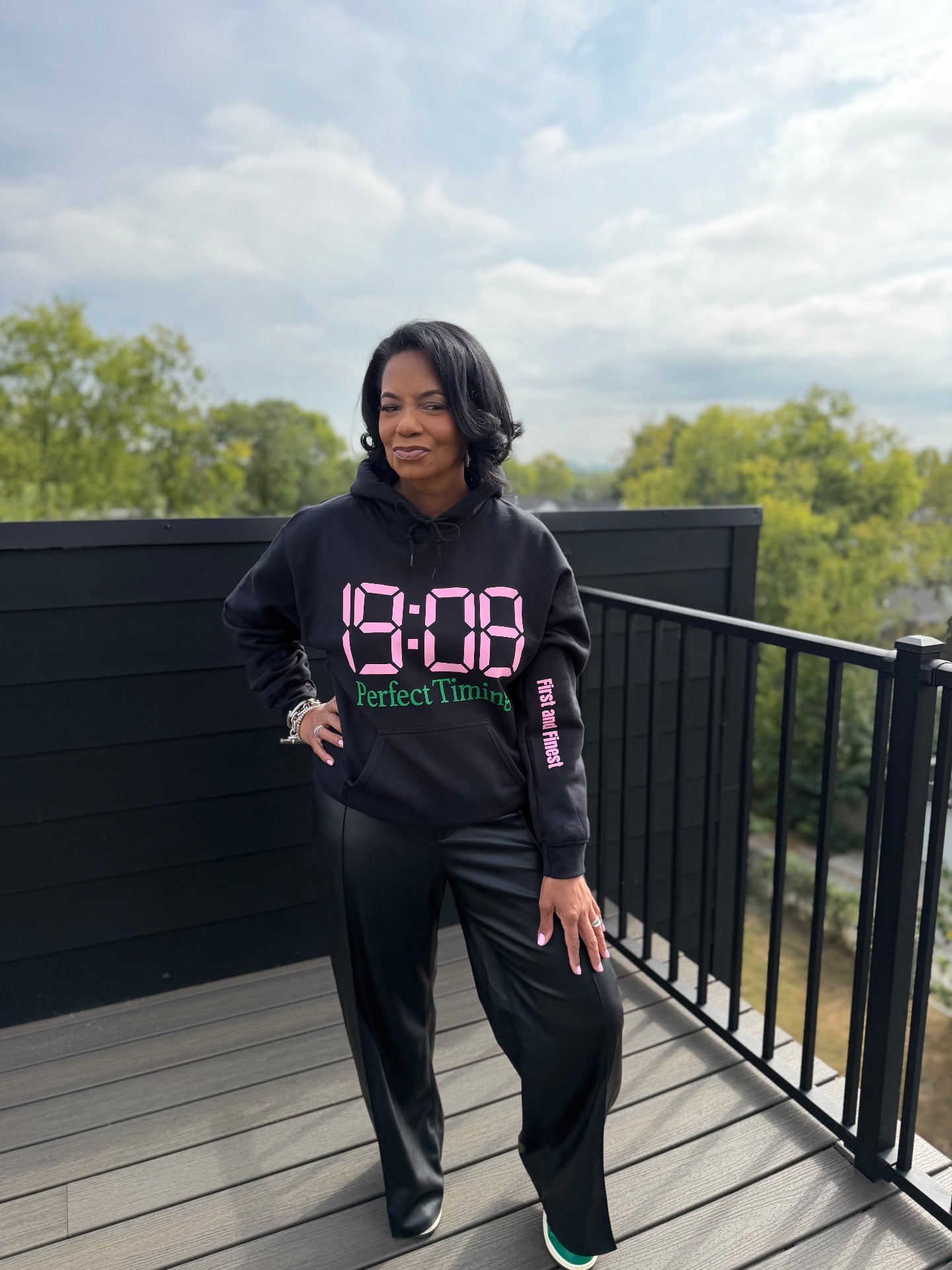 19:08 Perfect Timing hoodie modeled