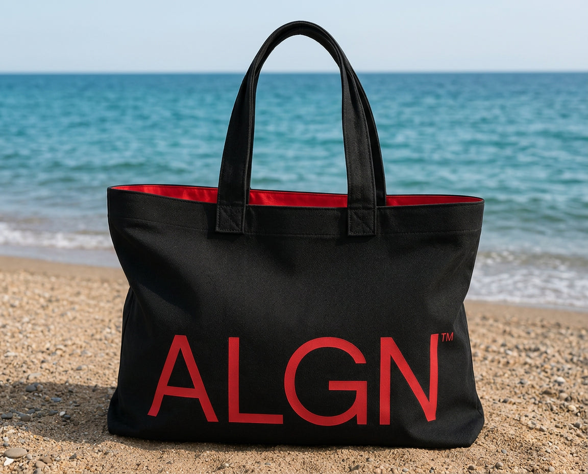 Black ALGN canvas beach tote with red logo