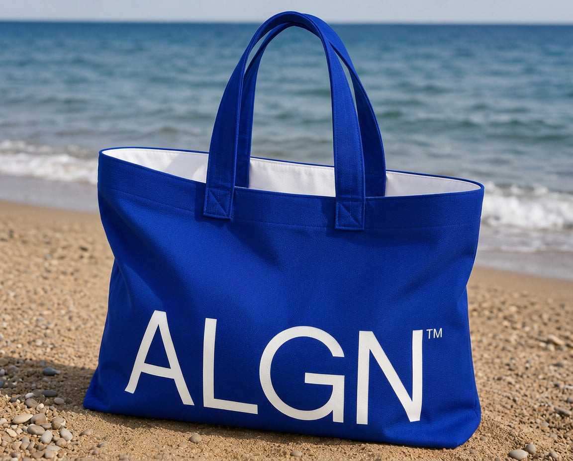Blue ALGN canvas beach tote with white logo