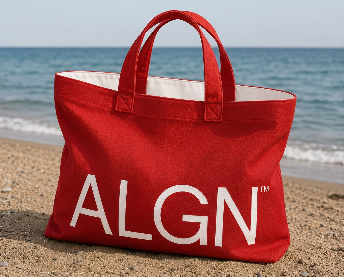 Red ALGN canvas beach tote with white logo