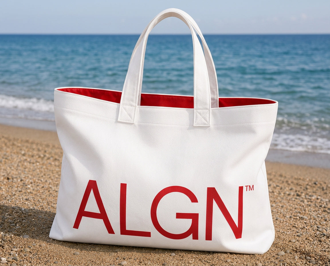 White ALGN canvas beach tote with red logo